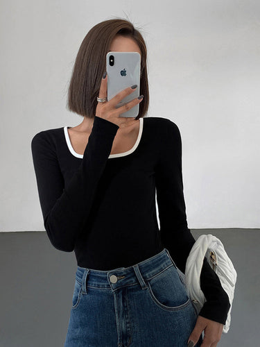 Sliver Lining Contrast Neckline Long Sleeve Top 4