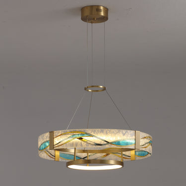 Art Deco Enamel Chandelier With Brass Ring And Colorful Inlays - Image 7