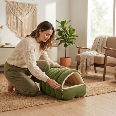 Cozy Cord Pet Cave Bed With Plush Fleece Lining For Cats And Small Dogs - Image 4