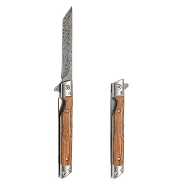Damascus Pattern Folding Knife With Stainless Steel Blade And Wood Handle For Camping Hiking And Edc - Image 5