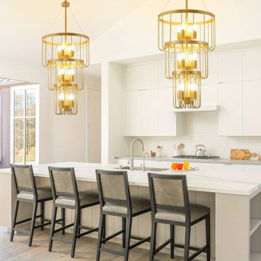 Farmhouse Chandelier Triple Tier Cage Stairwell Lighting With Exposed Bulbs - Image 5