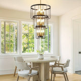 Farmhouse Chandelier Triple Tier Cage Stairwell Lighting With Exposed Bulbs - Image 4