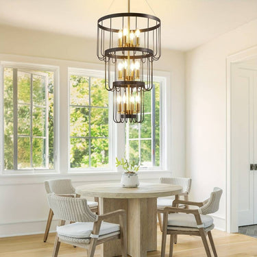 Farmhouse Chandelier Triple Tier Cage Stairwell Lighting With Exposed Bulbs - Image 4