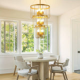 Farmhouse Chandelier Triple Tier Cage Stairwell Lighting With Exposed Bulbs - Image 6