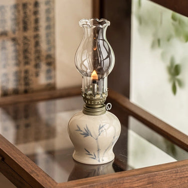 Hand-Painted Ceramic Oil Lantern With Glass Chimney - Image 1