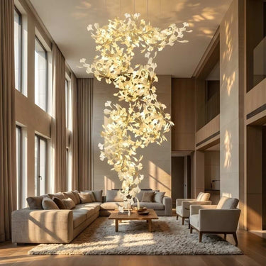 Luxury Gold Spiral Staircase Chandelier With Ceramic Petal Shades - Image 1