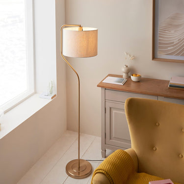 Modern Curved Brass Floor Lamp With Linen Shade - Image 3
