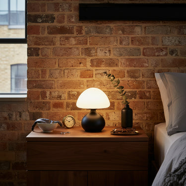 Mushroom Lamp With Opalescent Glass Shade And Matte Black Base - Image 1