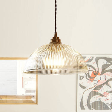 Striped Glass Dome Pendant Light With Brass Finish - Image 2