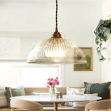 Striped Glass Dome Pendant Light With Brass Finish - Image 5