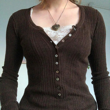 Cotteage Y2K Grunge Knitwear T-shirt Jumpers Vintage Brown Knitted Sweater Tees Women Lace Trim V-neck Full Sleeve Pullovers Top 2