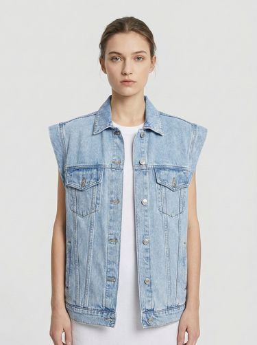 Sleeveless Denim Jacket with Classic Button Front 1