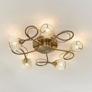 Brass Mesh Semi Flush Light With Clear Glass Beads - Image 2