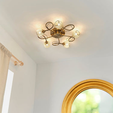 Brass Mesh Semi Flush Light With Clear Glass Beads - Image 3