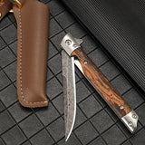 Damascus Pattern Folding Knife With Stainless Steel Blade And Wood Handle For Camping Hiking And Edc - Image 2