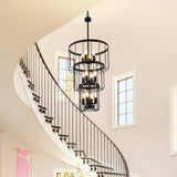 Farmhouse Chandelier Triple Tier Cage Stairwell Lighting With Exposed Bulbs - Image 1