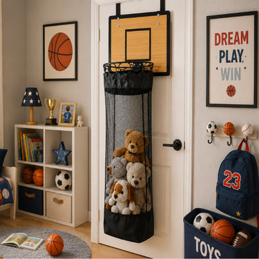 Hanging Storage Organizer With Basketball Hoop Design For Kids Laundry And Toys - Image 1