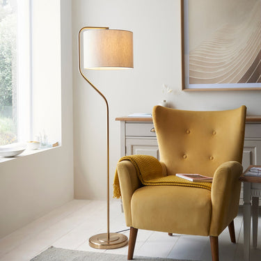 Modern Curved Brass Floor Lamp With Linen Shade - Image 2