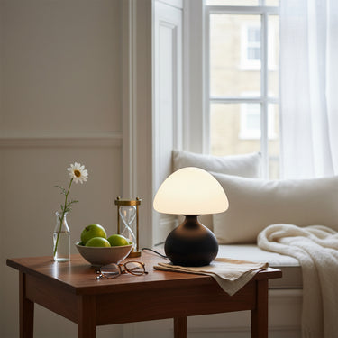 Mushroom Lamp With Opalescent Glass Shade And Matte Black Base - Image 2