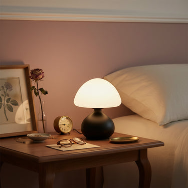 Mushroom Lamp With Opalescent Glass Shade And Matte Black Base - Image 5