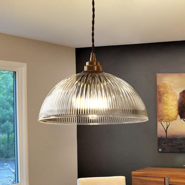 Striped Glass Dome Pendant Light With Brass Finish - Image 1