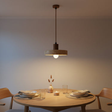 Travertine Ring Pendant Light With Wood Base - Image 1