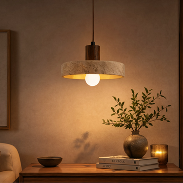 Travertine Ring Pendant Light With Wood Base - Image 6